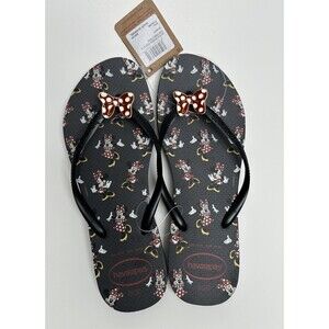 Havaianas Minnie Mouse Flip Flops Women’s 9/10 Metal Bow Charms Black Disney NWT